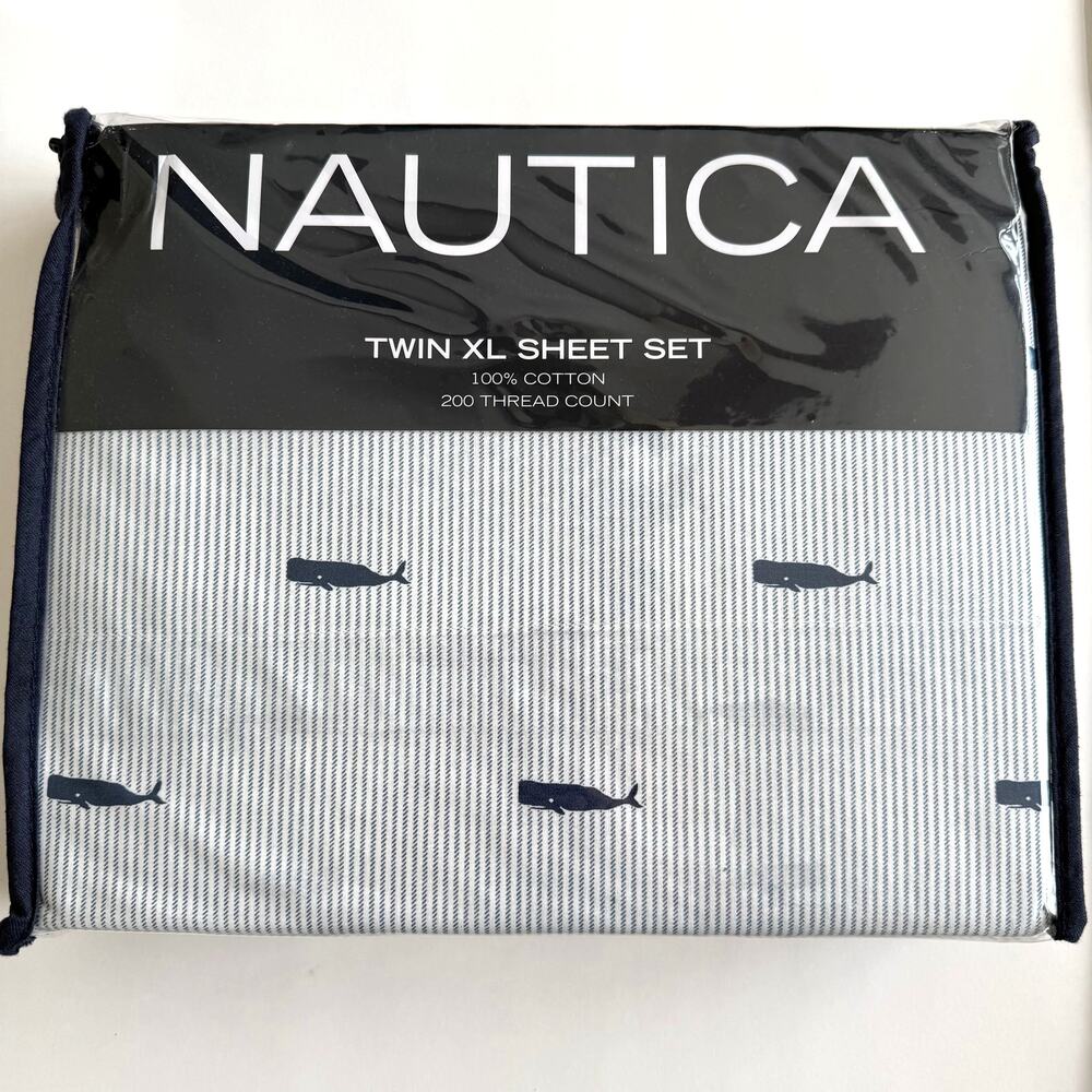 New Nautica Cotton Twin XL Sheet Set, Stripes with Whales, Nautical, Coastal